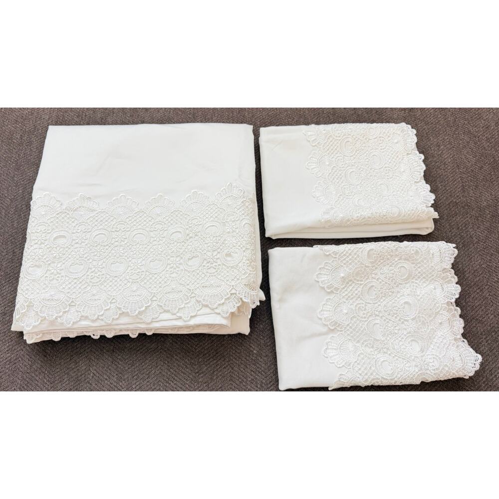 Vintage Highgate Manor Lace Cotton Sheet Set Queen White